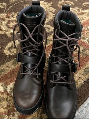 Polo Ralph Lauren Y2K Dark Brown Leather Moto Combat Boots Buckle Strap RARE